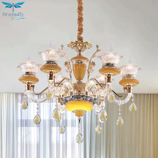 Yellow Candle Chandelier Traditional Crystal Drops 6 Heads Dinning Hall Ceiling Suspension Lamp